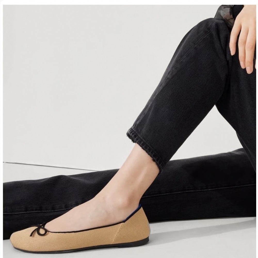 New Rothys The Bow Flat Fawn Beige Tan Knit Pointed Toe Ballet Flats Womens 9.5
